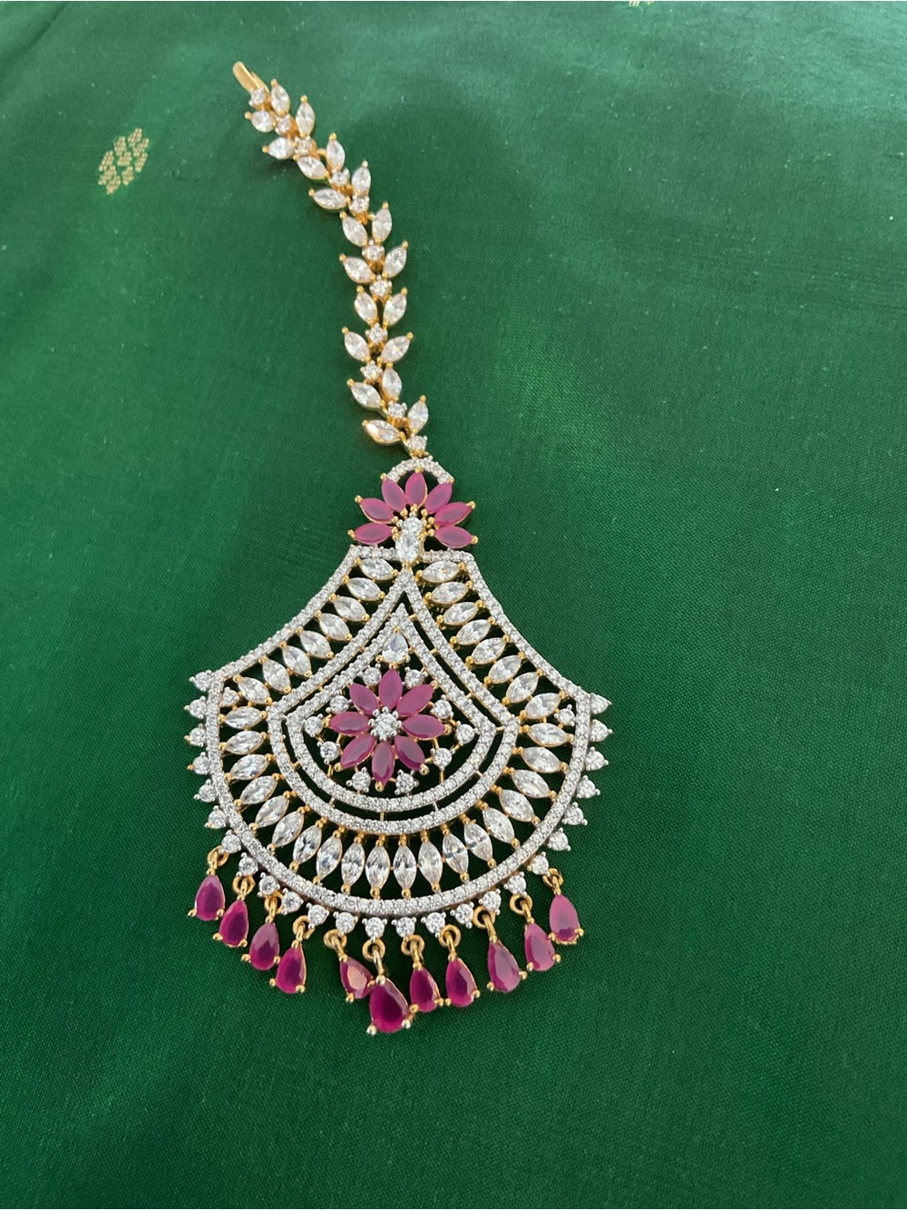 Gold-Tone Pink  Ruby and  Diamond Floral  Maamg Tika Head jewelry Women Jewelry